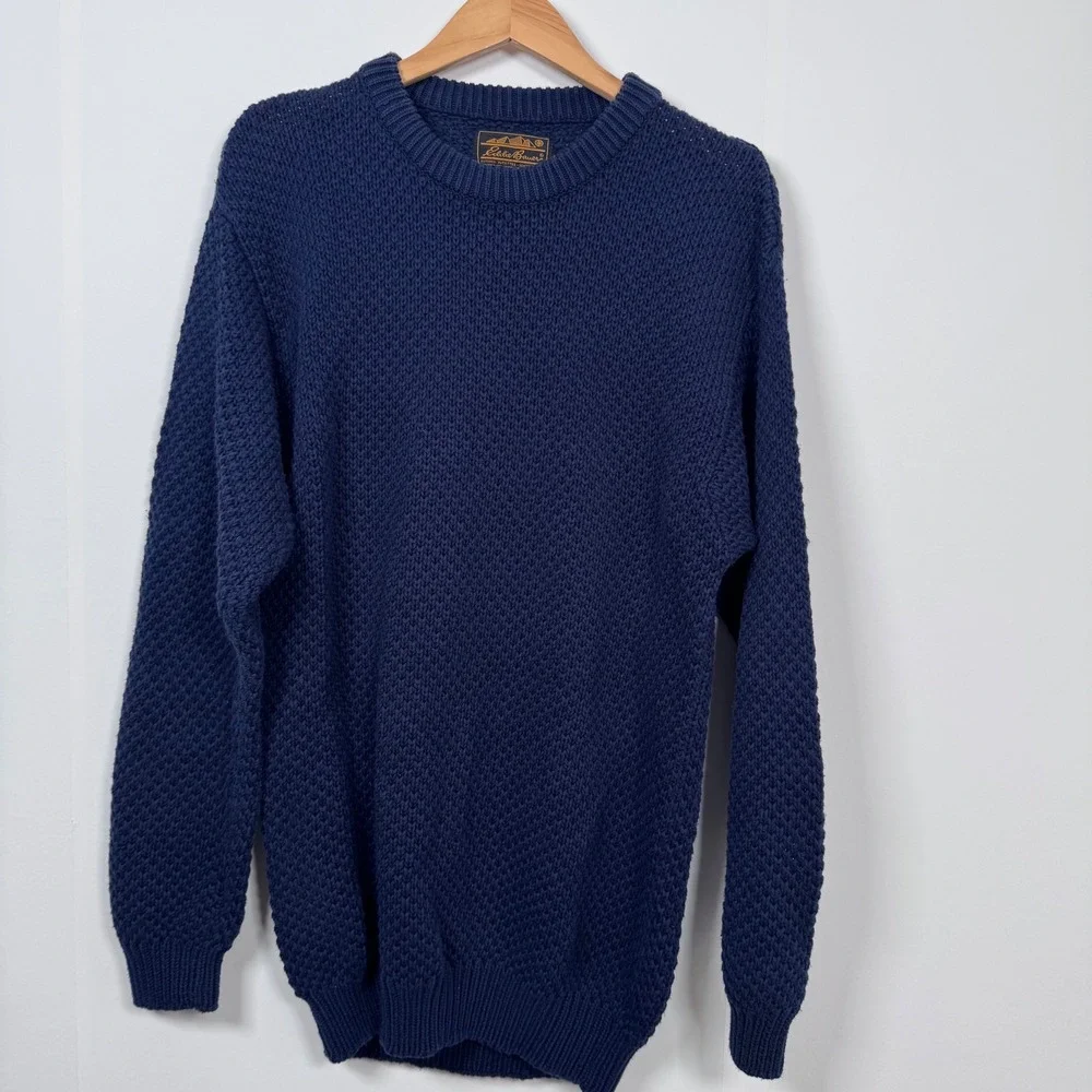 VTG Eddie Bauer Navy Fisherman Men L Tall Popcorn Knit Sweater UK Made Jumper